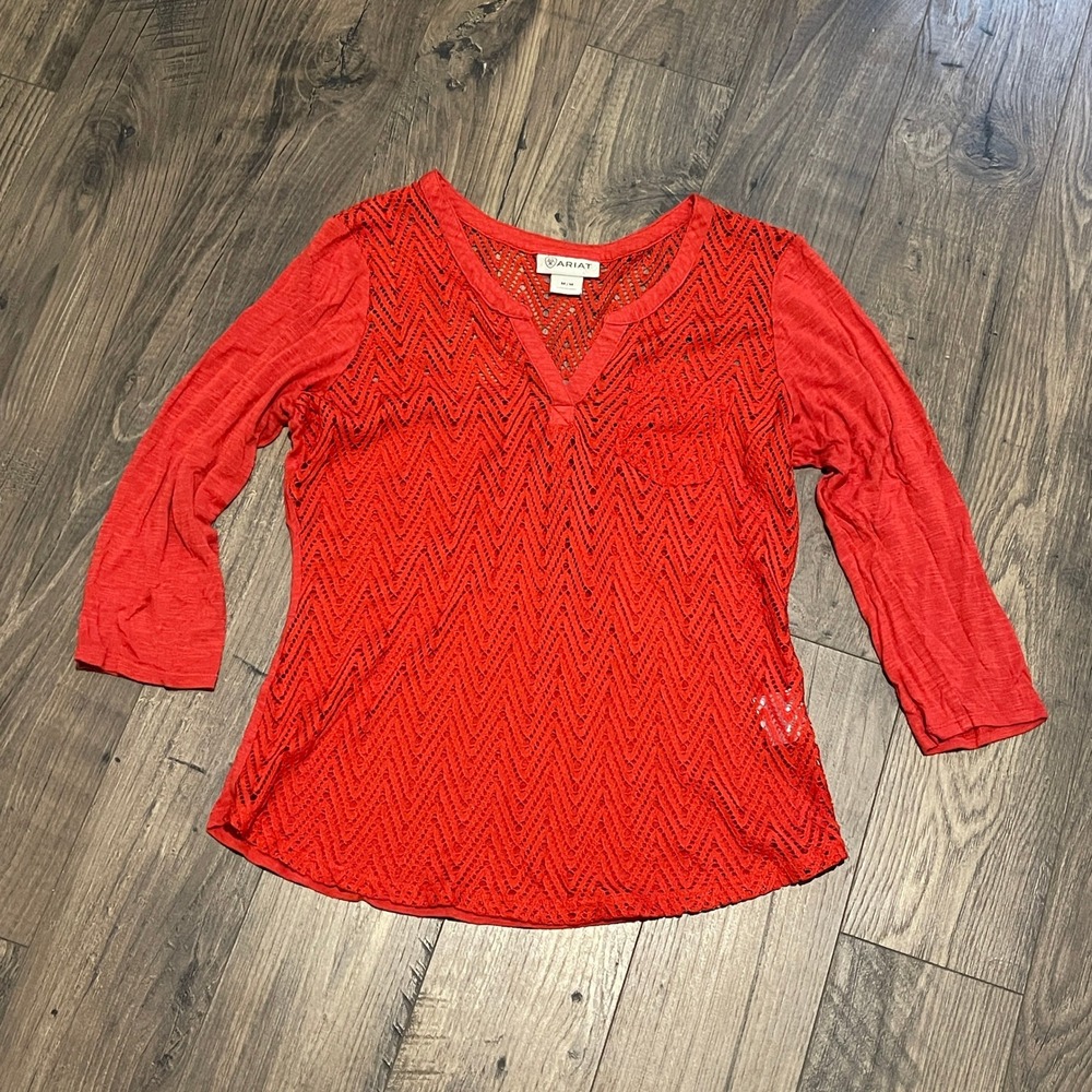 Ariat Womens Coral Red Crochet Lace Chevron V-Neck 3/4‎ Sleeve Top Size M